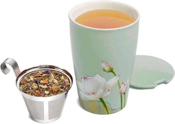 Tea Forte Double-Walled Ceramic Kati Cup, Removable Stainless Steel Infuser Basket and Lid, Steeps 12 oz Loose Leaf Tea, Dishwasher & Microwave Safe, Lotus