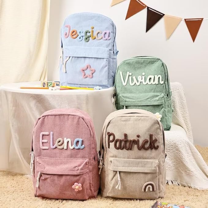 Generic Personalized Corduroy Backpack for School Girls & Boys, Custom Name School Bag with Cotton Rope Woven, Modern Daypack Backpack, 11in x 4.7in x 15.7in, Blue