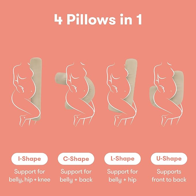 Frida Mom Compact Support 4-in-1 Pregnancy Pillow, Cooling Pregnancy Pillow, Twist & Bends into 4 Shapes for Comfort & Full Body Support, Compact Storage, Easy to Clean, Breathable, Storage Bag, Taupe
