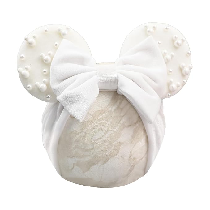 JIAHANG White Velvet Mouse Ears Turban Headwrap with Beads, Wide Hair Bow Headband for Baby Girls, Infants, Toddler, Kids, Party Supplie