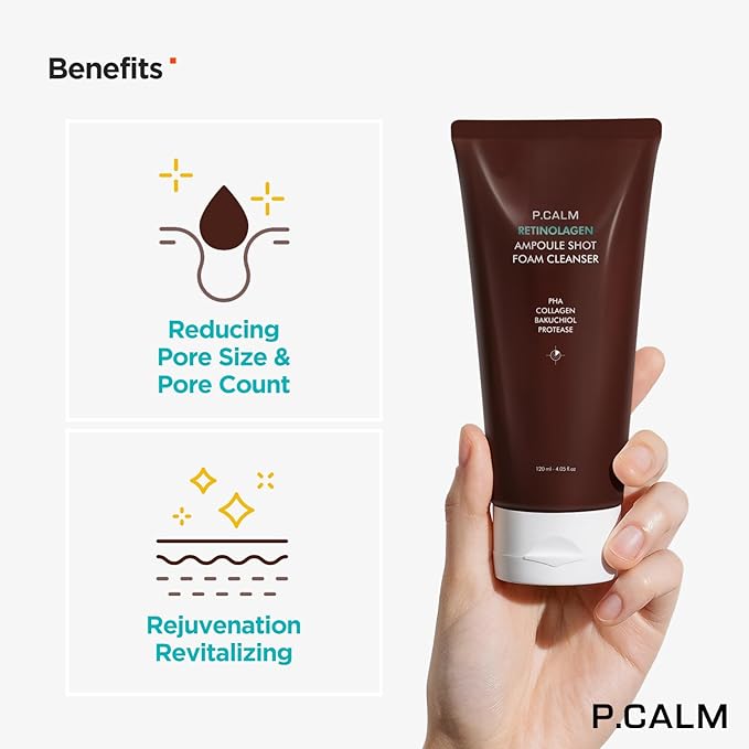 P.CALM Retinolagen Ampoule Shot Foam Cleanser – Retinol, Vegan Hydrolyzed Collagen & PHA for Pore Cleansing & Gentle Exfoliation, Korean Glass Skin (120ml / 4.05 fl.oz)