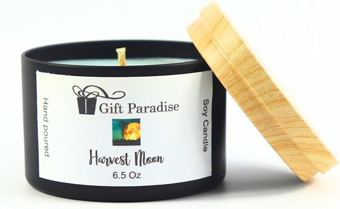 Harvest Moon Soy Wax Candle in Black Metal Tin, 6.5 oz, Cotton Wick, Midnight Plum, Harvest Quince