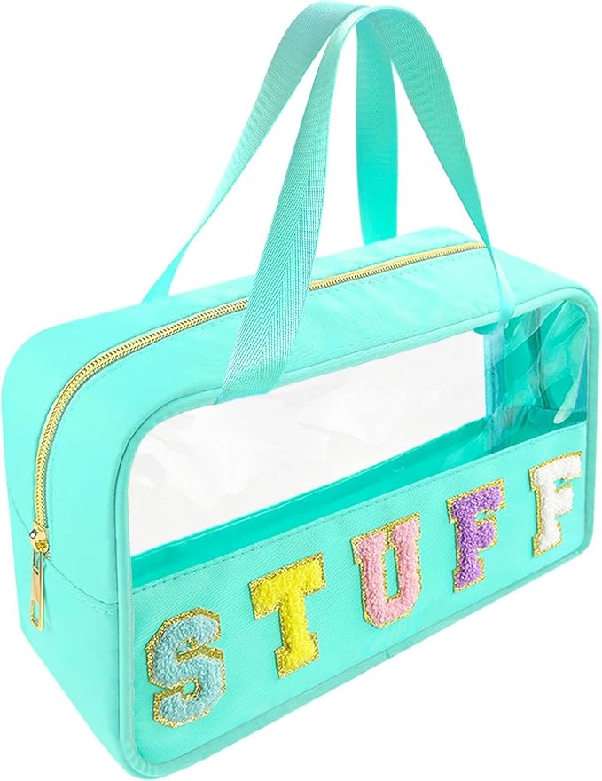 Chenille Letter Clear Makeup Bag Stuff Patch, Travel Toiletry Makeup Bag with Handle, Nylon Waterproof Makeup Bags clear cosmetic bag, preppy patch makeup bag for Women (STUFF-Mint Green)