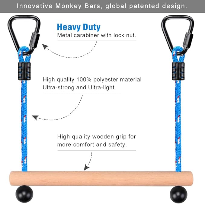 BeneLabel 2 Pcs Ninja Monkey Bars for Obstacle Course Bars 250LB Capacity Trapeze Swing Bar for Slackline Wood & Ropes Swing Set Bars for Kids & Teens Ninja Line, Backyard (Blue)