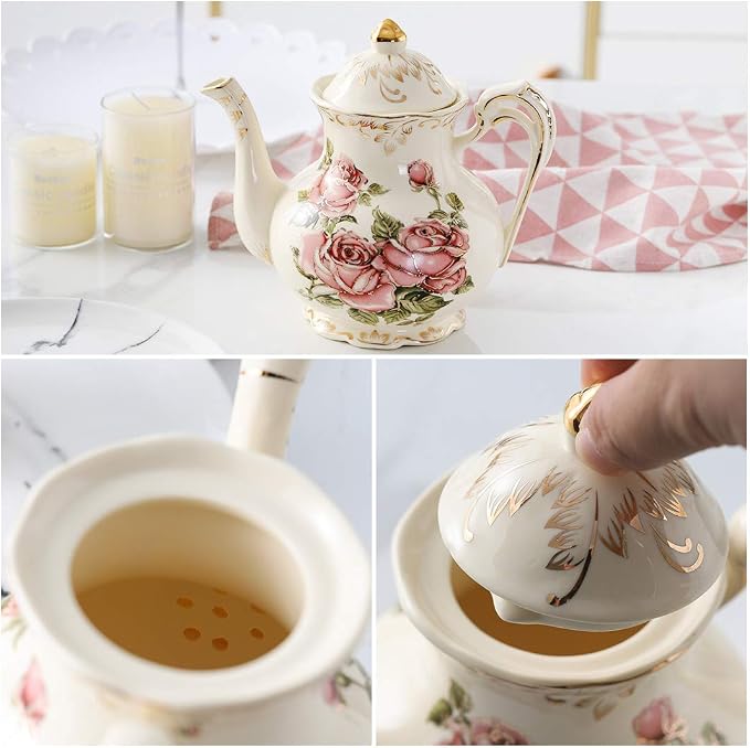 YOLIFE Ivory Rose Teapot, 35 OZ/ 4 Cup Porcelain Tea Pot with Infuser for Loose Leaf Tea, Vintage Floral Teapot and Gold Trim