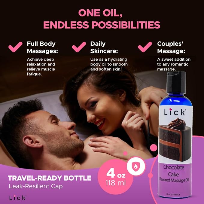 Lick Chocolate Cake Flavored Massage Oil – Decadent Bakery-Inspired Edible Massage Oil with Vitamin E, Rich Smooth Glide for Couples Massage Nights, 4 oz