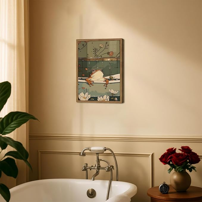 Funny Japanese Frog Bathroom Wall Art Whimsical Frog in Bathtub Wall Decor Painting Cute Animal Bathroom Poster Canvas Print Picture 16x24 inch Wood Framed