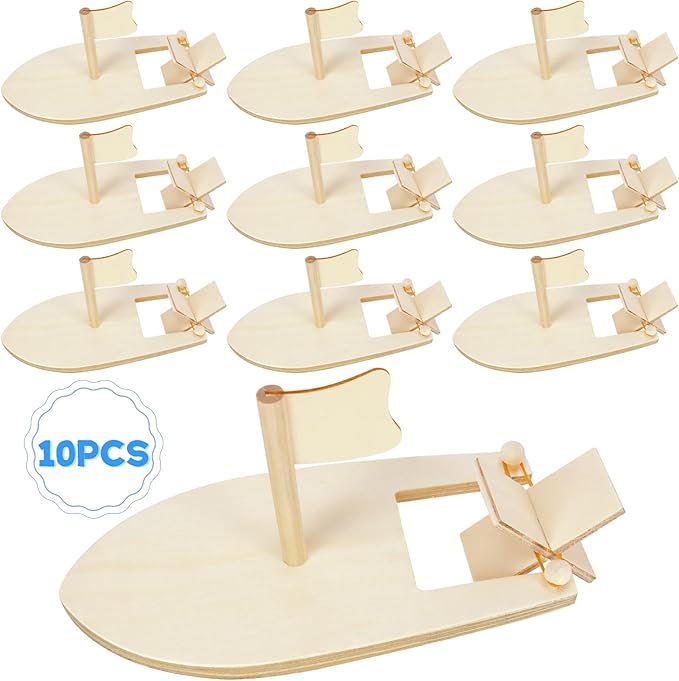 Amersumer 10 Pcs DIY Toy Wood Boat Craft Kits, Mini Wooden Sailboat Kits, Paddle Boats Paint and Decorate for School Projects, Make Your Own Sailboat Craft