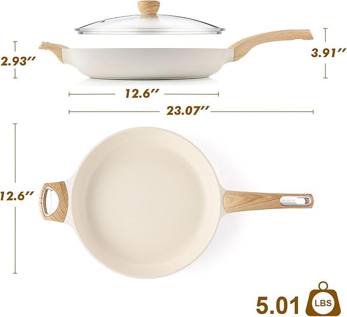 SENSARTE 12.5inch Ceramic Nonstick Frying Pan Skillet with Lid, White | Non Stick Omelet Pans, Non-toxic Healthy Kitchen Cooking Chefs Pan, PFOA/PFAS/PTFE Free, Induction Compatible