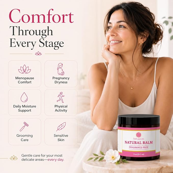Natruveda Fragrance Free Vulva Balm Moisturizer for Women – Intimate Hydration & Menopause Dryness Support – Natural Feminine Balm for Vulvar Irritation & Itching – Hormone Free – 3 oz
