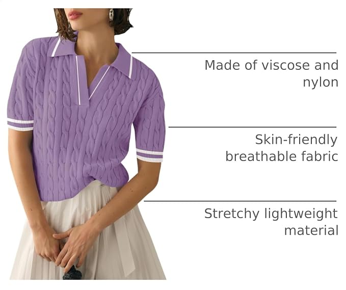 Micoson Womens Short Sleeve Sweater Tops Lapel V Neck Polo Shirts 2026 | Summer Cable Knit Loose Blouses, Business Casual Outfits