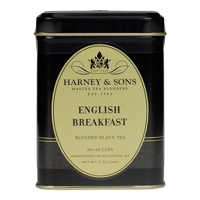 Harney & Sons English Breakfast Loose Leaf Black Tea, 4 oz Tin, China Keemun, Bold Full-Bodied Flavor for Hot or Iced Tea, Caffeinated