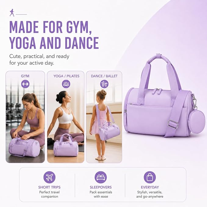 BTOOP Mini Gym Bag for Women, 12-Inch Small Duffle Bag with Wet Pocket and Coin Purse, Lightweight Water-Resistant Workout Bag for Yoga, Pilates, Dance and Travel (B-Purple)