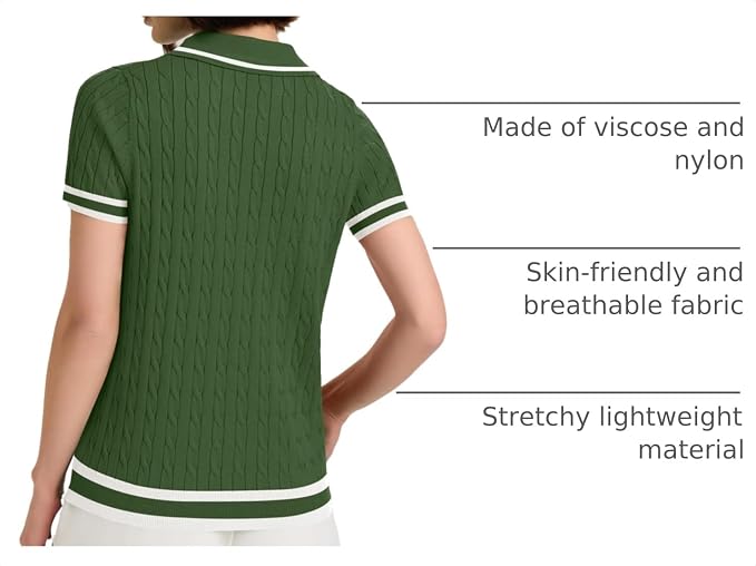 Micoson Womens Short Sleeve Sweater Tops Lapel V Neck Polo Shirts 2026 | Summer Cable Knit Loose Blouses, Business Casual Outfits
