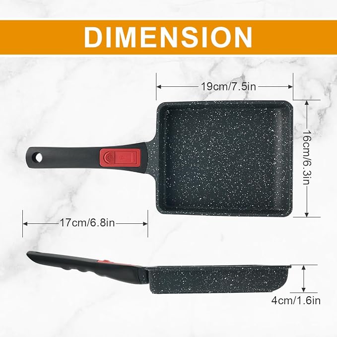 AIKENBBKK Tamagoyaki Pan, Japanese Omelette Pan Nonstick, Japanese Egg Pan, Square Egg Pan, Induction-Ready, Detachable Handle, with Silicone Spatula, PFAS & PFOA-Free, Oven Safe, Black, 7.5” x 6.3”