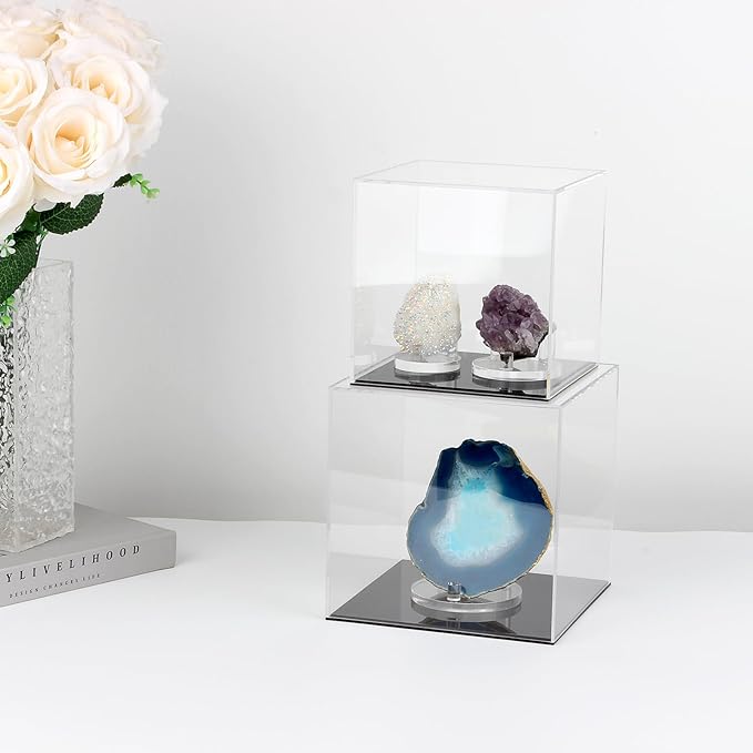 Fully Assembled Acrylic Display Case with Black Base, Clear Cube Dustproof Acrylic Display Box for Collectibles, Alternative Glass Case with Black Stand for Display, 6x6x6Inch
