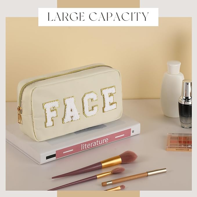 Preppy Makeup Bags Chenille Letter Stuff Bag Nylon Cosmetic Pouch Cases with Zipper for Women Travel Toiletry(Soft Color,Soft,4 Pcs)