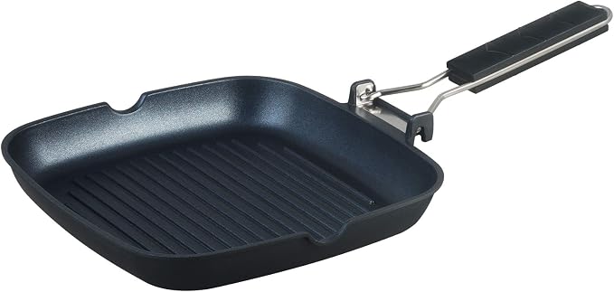 S·KITCHN Grill Pan with Folding Handle, Nonstick Grilling Pan for Stove Tops, Induction Compatible Square KBBQ Pan with Pour Spouts - 9IN
