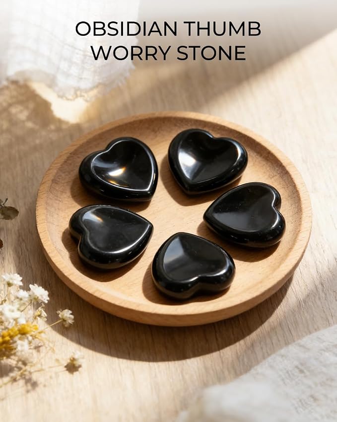 Natural Black Obsidian Heart Worry Stone - Polished Thumb Pocket Stone for Anxiety & Stress Relief - Heart-Shaped Crystal for Reiki Healing, Meaningful Spiritual Gift for Women & Men