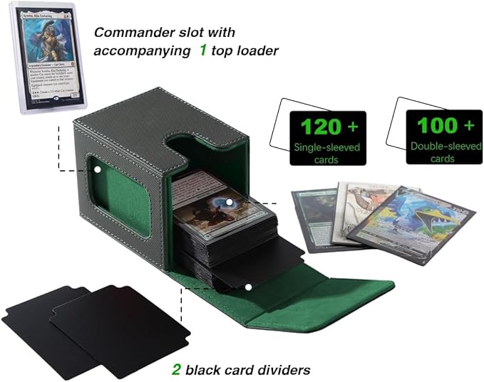 Venssu MTG Deck Box for Commander Display,Card Deck Box Fits 100 Double Sleeved Cards,TCG with 2 Dividers and 1 Toploader (Black＆Green)