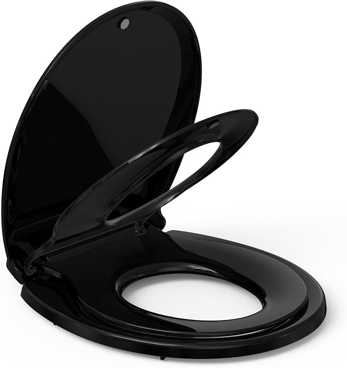17" Round Black Toilet Seat with Built-In Potty Training Seat, Soft Quiet-Close Non-Slip Design for Adult and Child, Magnetic Kids Seat and Cover, Easy to Install and Clean for Round Toilets