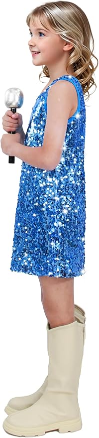 Girls Sequin Dress Sparkly Sleeveless Costume Prom Concert Party Outfit with Glitter Microphone Prop