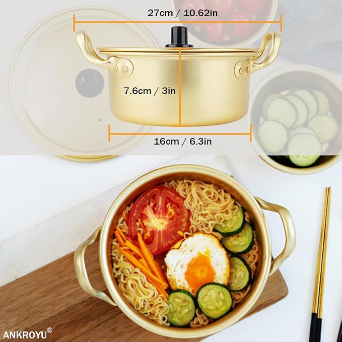 Korean Ramen Noodle Pot, Ramen Noodle Cookware Yellow Aluminum Non Stick Korean Traditional Quick Cooking Bowl for Open Fire and Electric Ceramic Stove(16cm Pot)