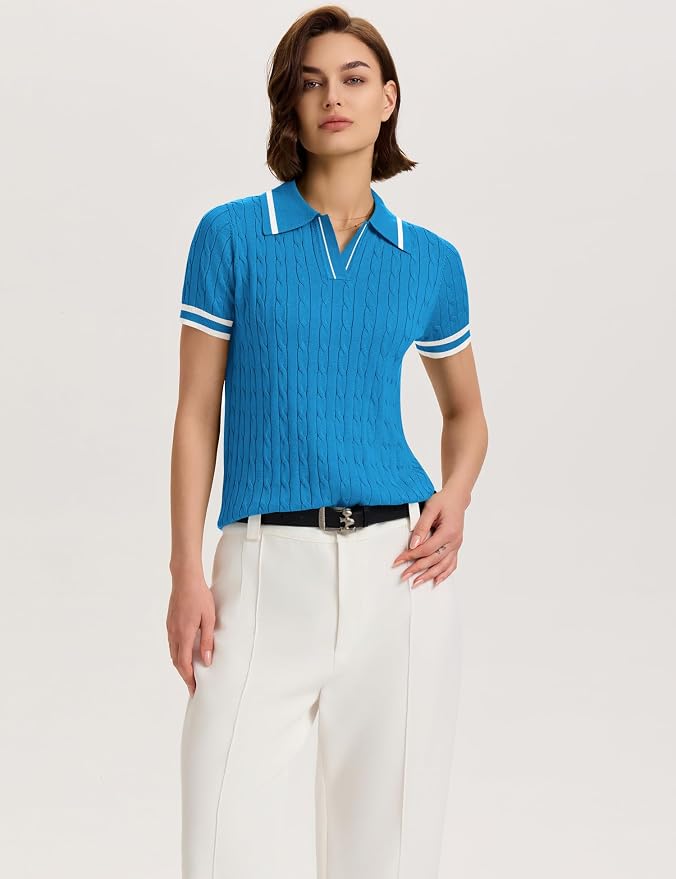 Micoson Womens Short Sleeve Sweater Tops Lapel V Neck Polo Shirts 2026 | Summer Cable Knit Loose Blouses, Business Casual Outfits
