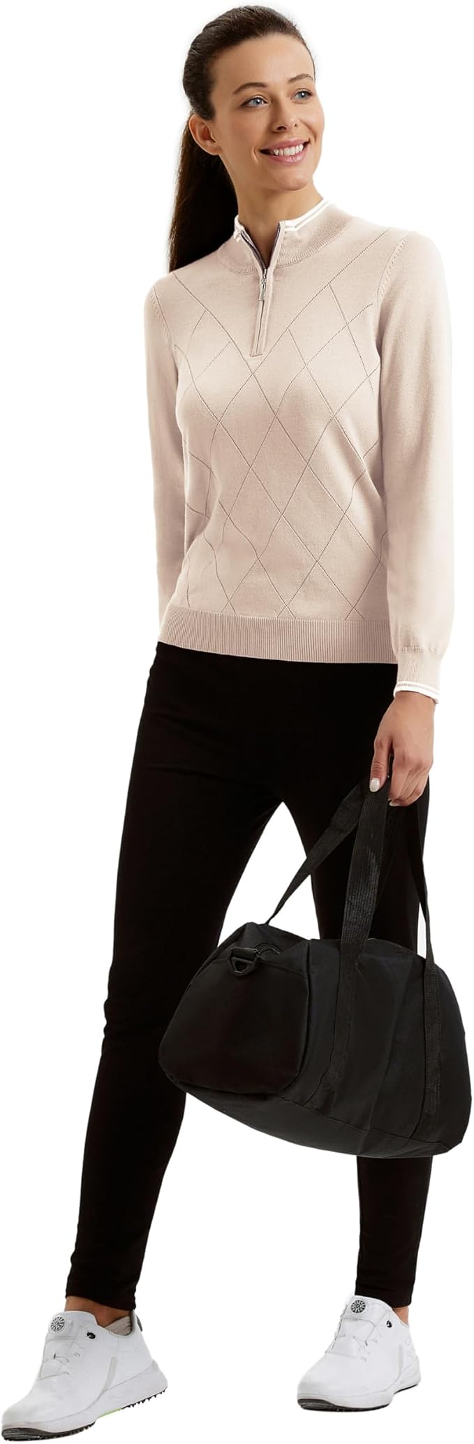 JACK SMITH Quarter Zip Pullover Sweaters for Womens, Rib Polo Sweater Tops | V Neck,Knit,Long Sleeve,Argyle,Open Pattern,Callar,Lightweight,Fashion,Golf Work Business Daily Wear Versatile Pullover Shirt