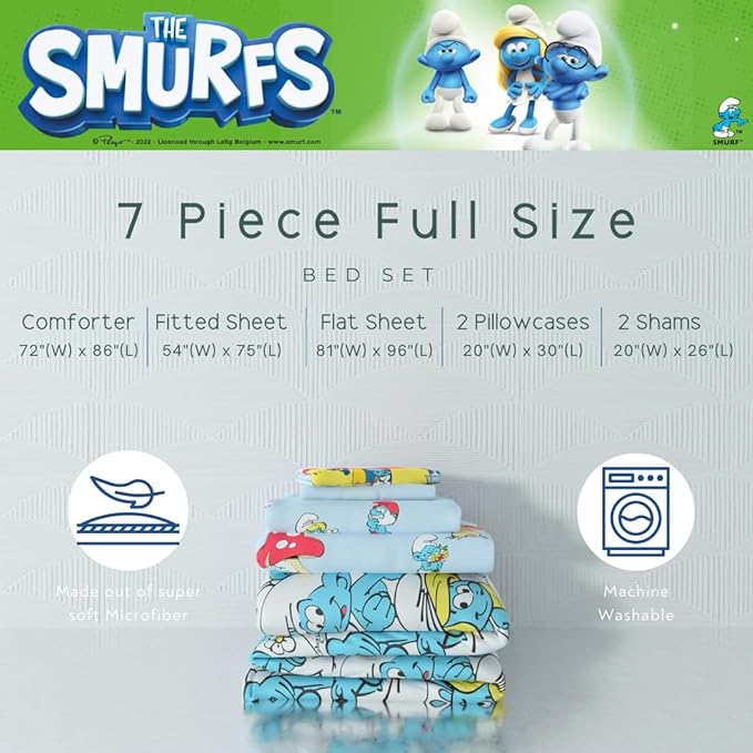 The Smurfs Kids Bedding Super Soft & Cozy Reverisble Microfiber Comforter and Sheet Set with Sham, 7 Piece Full Size, (Officially Licensed Product) By Franco
