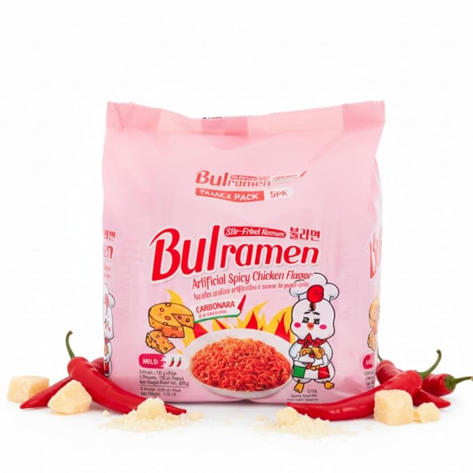 Korean Food Bulramen Stir-Fried Ramen Mild Spicy Instant Carbonara 5 Packs | Stir-fried carbonara-style instant noodles with mild spicy chicken-style flavor. Includes 5 convenient packs.