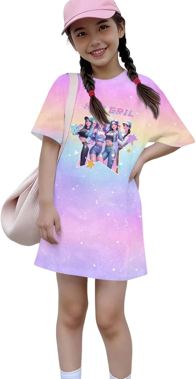 Girl's Anime K-POP Graphic Long Dress T-Shirt - Casual Loose Fit Short Sleeve Top