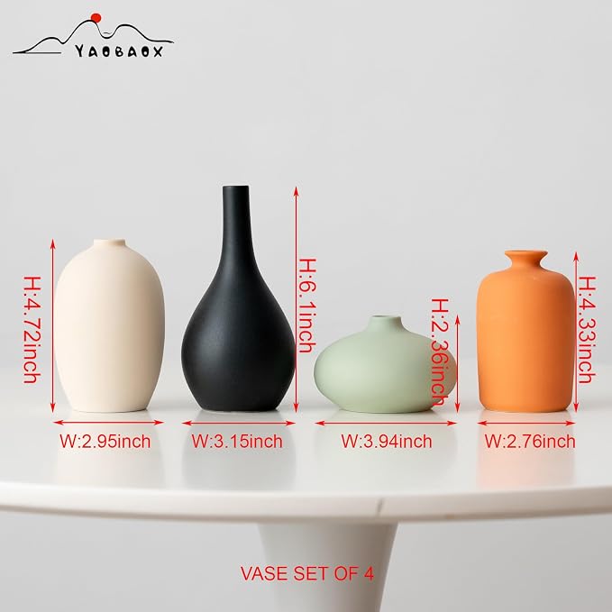 Set of 4 Small Matte Ceramic Vases - Modern & Bohemian Decor for Home, Office, Shelve, Living Room Table, Mantel, Bedroom, Entryway, Rustic Farmhouse Decorative Vases & More（Hademade