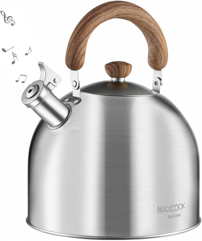 18/8 Stainless Steel Tea Kettle for Stovetop (5L / 5.29 Quart, Whistling Tea Pot, Wood Handle)-Silver