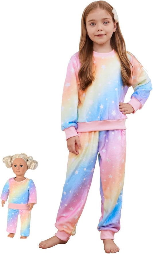 QPANCY Matching Doll & Girls Fleece Pjs Set kids Fall Winter Long Sleeve Sleepwear 2 Piece Pajamas