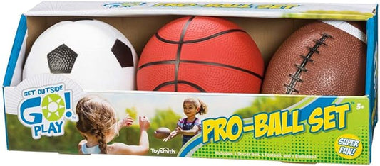 Toysmith Get Outside GO! Pro-Ball Set (Pack of 3) – Small Toddler Sports Balls for Ages 3+ – Includes 5″ Soccer, 6.5″ Football & 5″ Basketball – Indoor or Outdoor Play, Backyard Toy & Gift for Kids