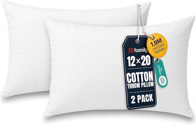 Foamily 12x20 Lumbar Pillow Inserts, Set of 2, 100% Cotton Cover, White | Cotton cover, plush down-alternative fill, machine washable Fits 12x20 lumbar covers Couch, bed, accent chairs