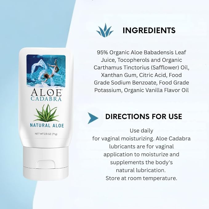 Aloe Cadabra Natural Water Based Personal Lubricant and Vaginal Moisturizer, NSF Certified Organic Aloe Lube for Men, Women and Couples, Non-Staining, pH Balanced (Unscented 2.5 Ounces, 2 Pack)
