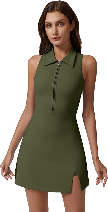 QINSEN Womens Zip Front Tennis Dress Polo Collar Racer Back Workout Golf Dresses Build in Shorts with Pockets
