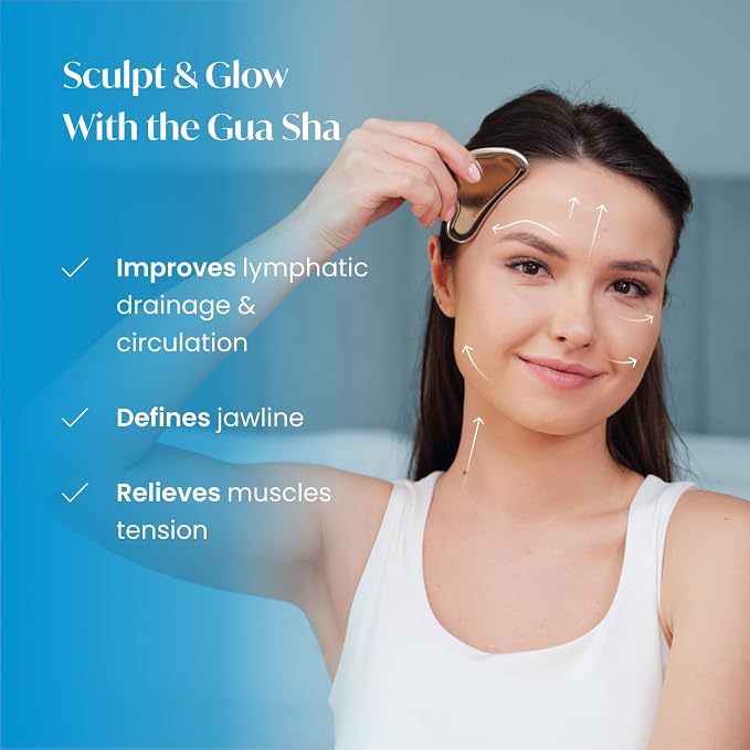 PLANTIFIQUE Stainless Steel Gua Sha | Facial Tool | Skin Massage for Face Body Eyes Neck Heart Style with Travel Pouch | Skin Care Gift