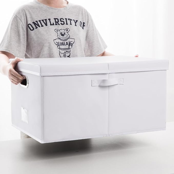 Collapsible Storage Box with Lid [3-Pack] Leather Fabric Foldable Storage Bin Organizer Container Basket Cube with Cover for Home Bedroom Closet Office Nursery White(22.8X15.7X11.8)