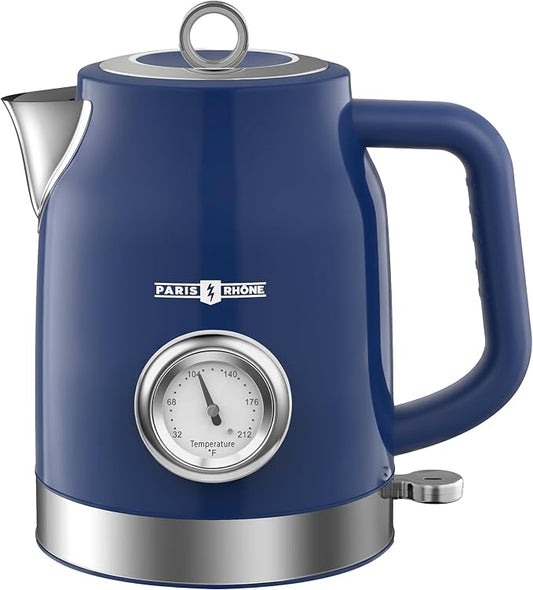 PARIS RHÔNE Retro Stainless Steel Electric Kettle, 1.7L Cordless Hot Water Tea Kettle with Thermometer, 1500W Fast Heating, LED Indicator, Auto Shut-Off & Boil Dry Protection