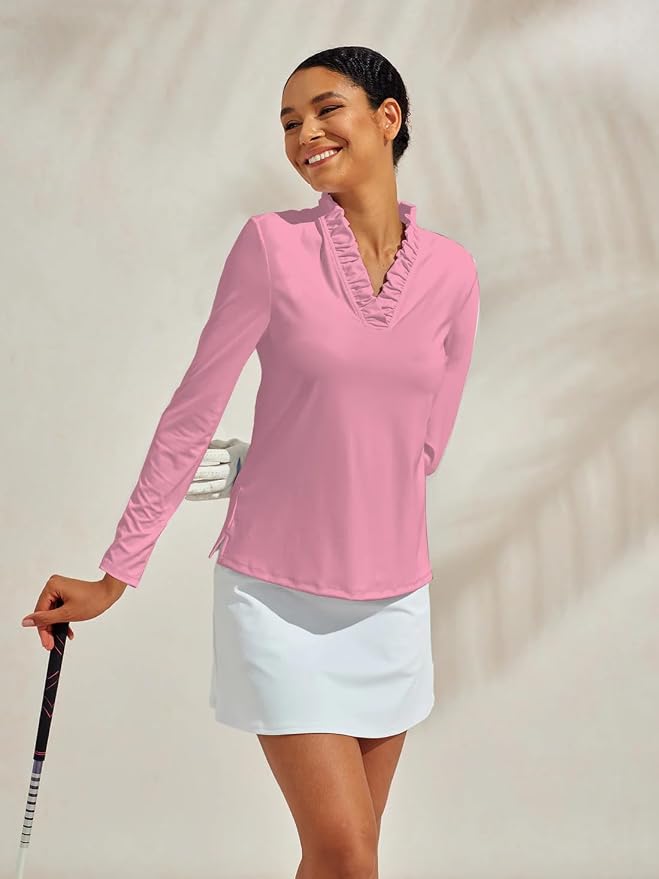 ACEGOLFS Womens Golf Polo Shirts Casual Ruffle V Neck Long Sleeve Tops for Women UPF 50+ Rash Guard Ladies Pullover Shirt