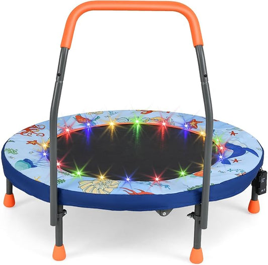 GYMAX 36” Toddler Trampoline with Lights, Folding Springless ASTM Approved Small Kids Rebounder with Foam Handle, Safety Padded Cover & Foldable Legs, Mini Indoor Baby Trampolines