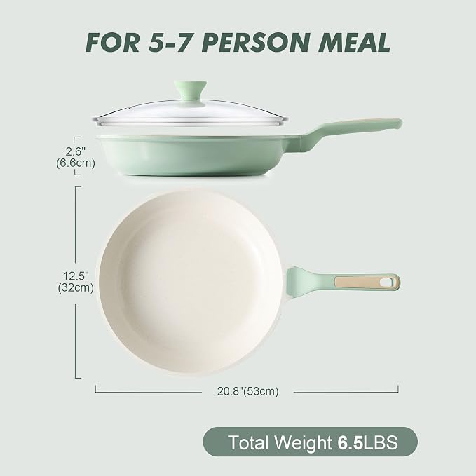 SENSARTE 12.5In Nonstick Ceramic Frying Pan with Lid, PFAS/PTFE Free, Green | Ceramic Omelette Pan Skillet, Healthy Non-toxic Chef's Pan, Induction Compatible Pan, Heat Resistant Handle