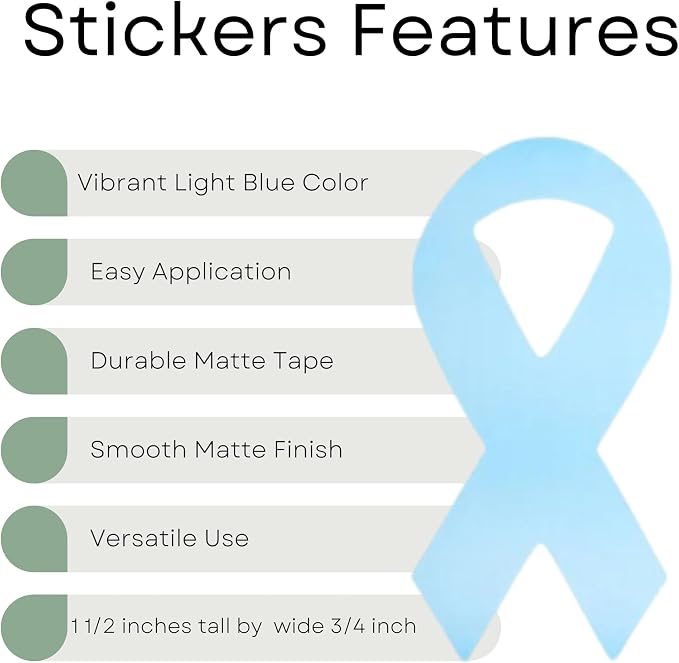 250 Small Light Blue Ribbon Shaped Awareness Stickers - Perfect for Decoration, Awareness Events, Support Groups and Fundraing