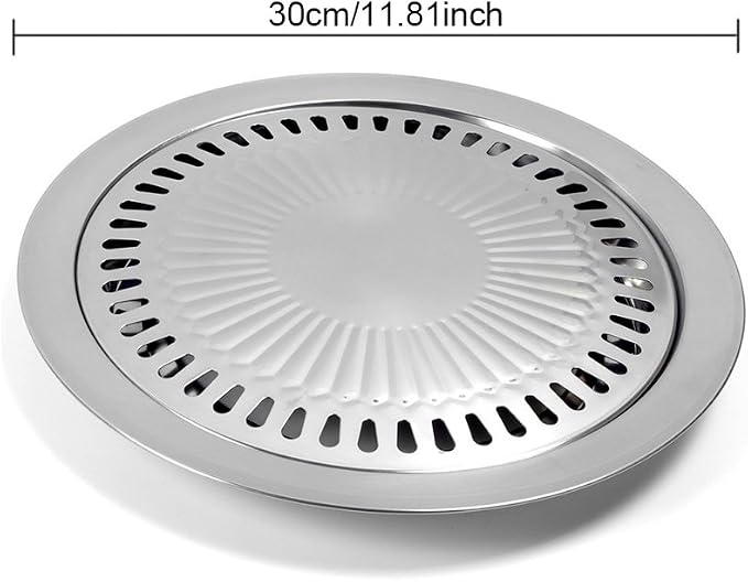 Korean Style Stovetop, Stainless Steel Non-Stick Roasting Barbecue Grill Pan, Round Smokeless Barbecue Grill Pan for Indoor Outdoor Camping BBQ 30cm x 30cm