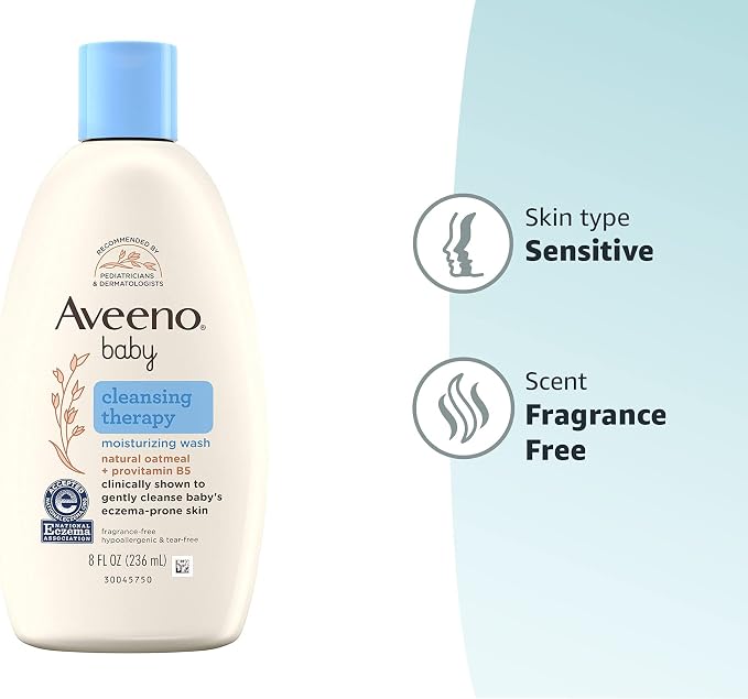 Aveeno Baby Cleansing Therapy Moisturizing Baby Body Wash with Natural Oatmeal & ProVitamin B5, Gentle Tear-Free Baby Bath Wash for Sensitive & Eczema-Prone Skin, Hypoallergenic, 8 oz (Pack of 12)