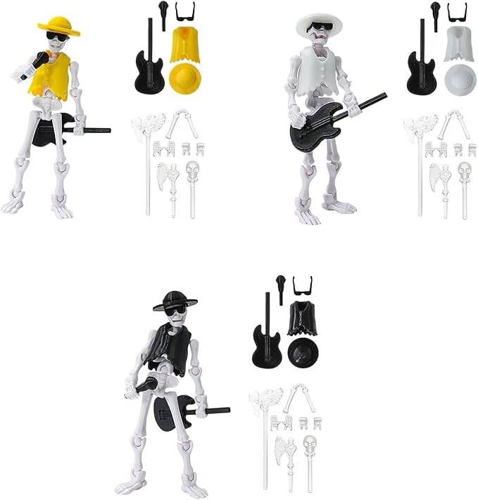 Articulated Skeleton Action Figure with Guitar, Halloween Decorative Toy, 5.35 Inch (Yellow)