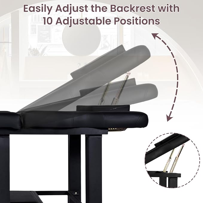 Professional Stationary Massage Table with Backrest, Adjustable Thick Foam Spa Massage Beds,Metal Frame PU Leather 27.55'' Wide 72.83'' Long Heavy Duty Bed for Massages, Hairdressing, Spas(Black)